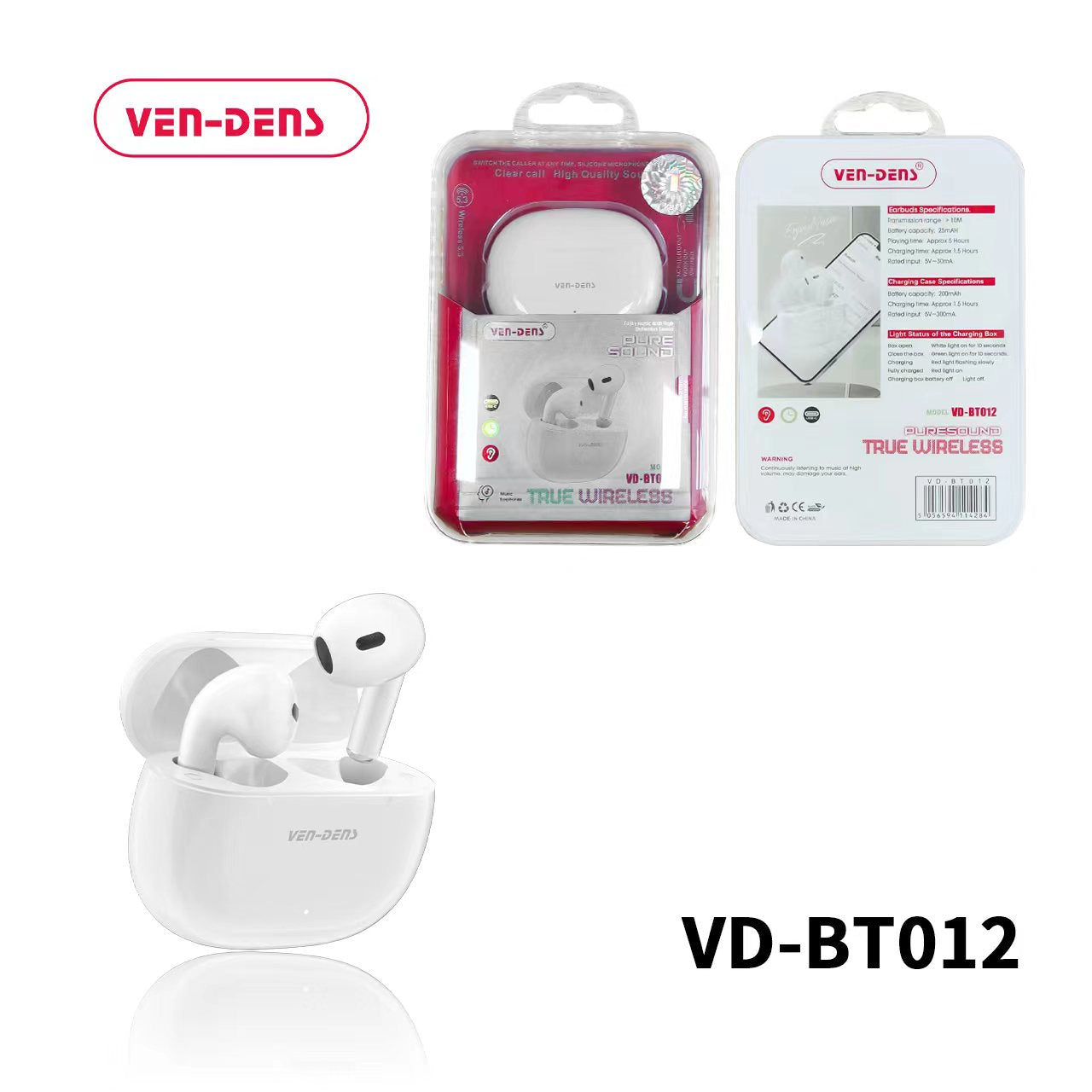 Ven-Dens BT012 TWS Pure Sound Wireless 5.3 Bluetooth Earbuds With Charging Case